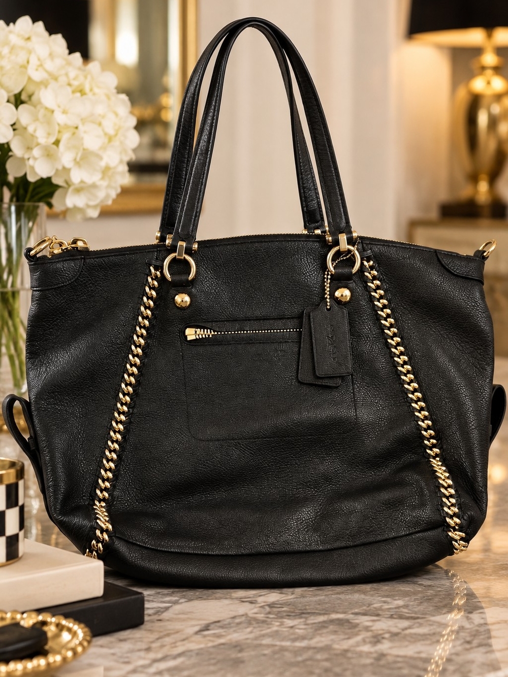 Coach F34999 Black Pebbled Leather Chain Trim Tote Shoulder Bag